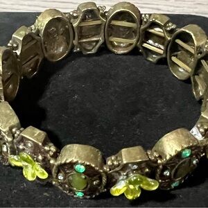 Vintage Floral Gold Bracelet with Green Accents